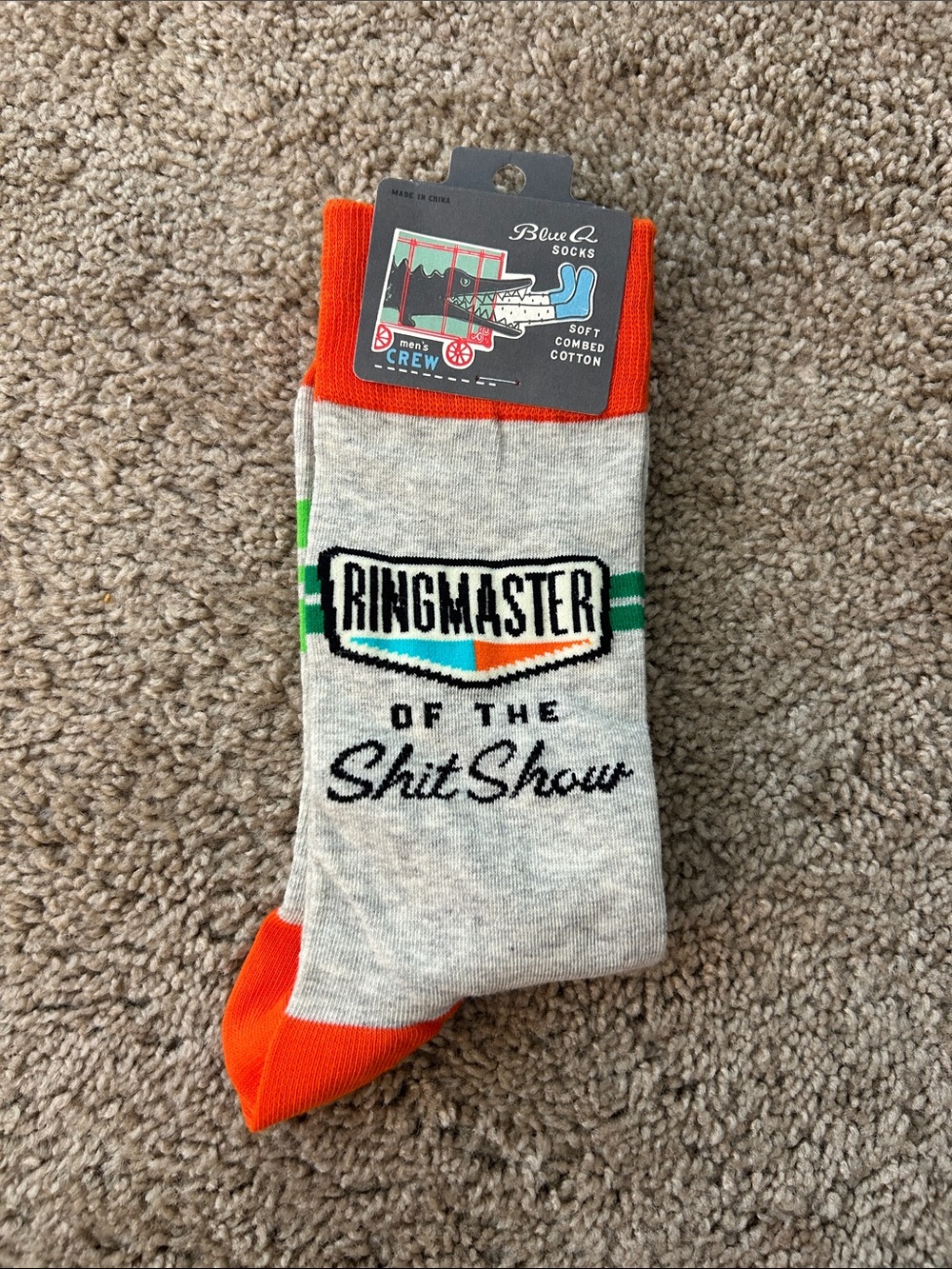 Blue Q Mens L Gray/Orange 'Ringmaster of the ShitShow' Crew Socks